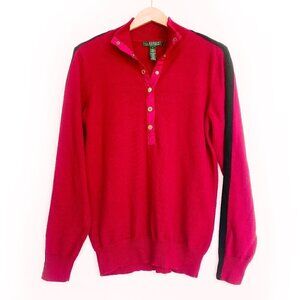 LRL Red Mock Neck Gold Snap Cotton Sweater L [READ]